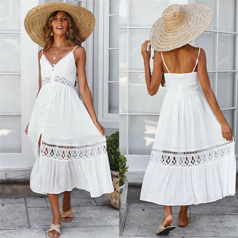 

Summer Women Summer Boho Dress Sleeveless Hollow-out Loose Party Beach Sundress