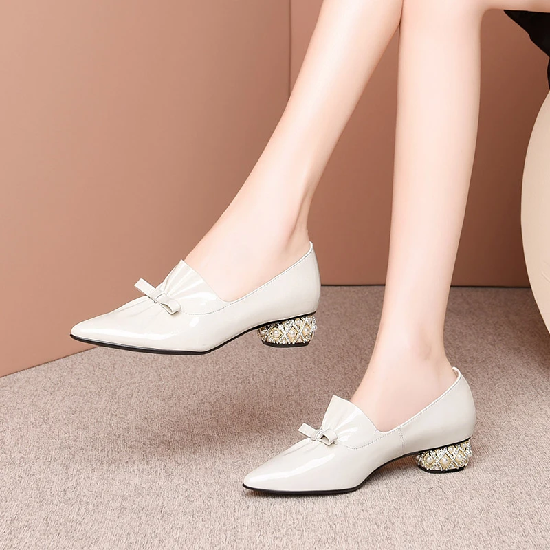

CONASCO Fashion Genuine Leather Woman Pumps Butterfly-Knot Pleated Pearl Rhinestone Thick Heels Spring Summer New Shoes Woman