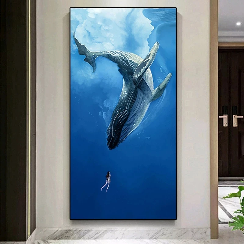 Абстрактная Современная Картина на холсте с изображением синего океана девочки