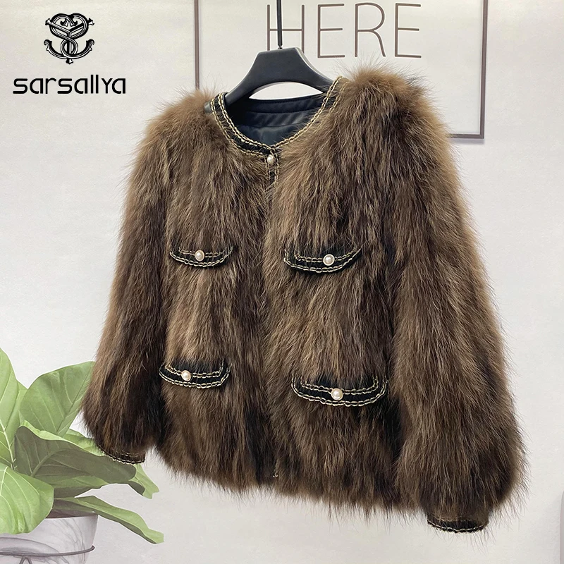 Зимняя Куртка Женская Натуральный Мех ЕнотКруглая Воротник ПальтоПарка С