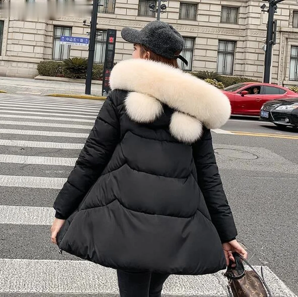2021 Korea Outwear Faux Lamb Fur Coat Parkas Women Warm Winter OverCoat Black Faux Fur Collar Hooded Jacket New Fashion