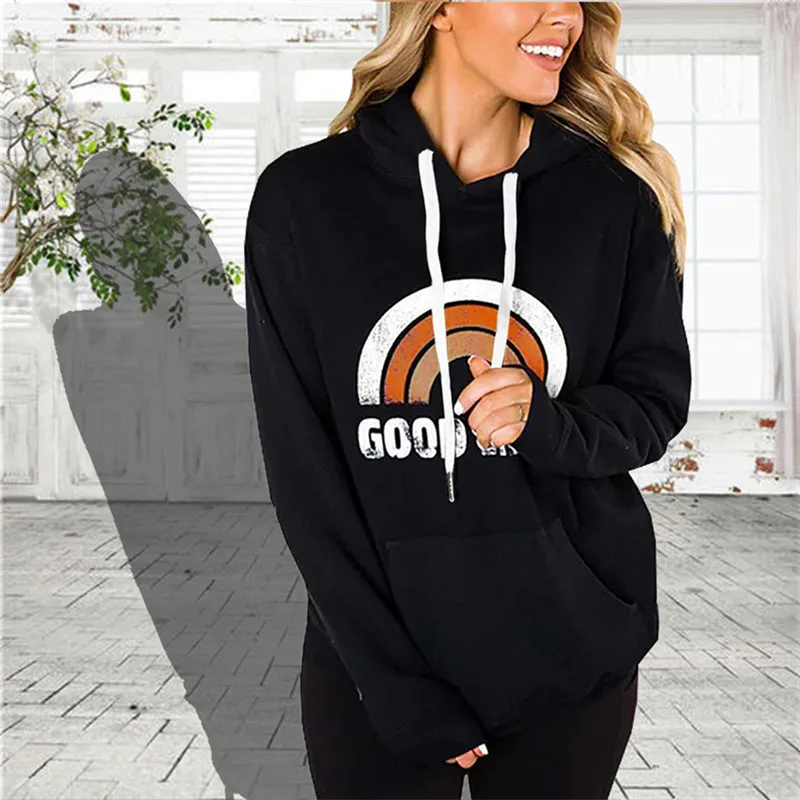 

Women's Hoodie Good Vibes Printed Aesthetic Hoody Autumn Winter Rainbow Sweatshirts Harajuku Korean Vintage Clothing Poleron