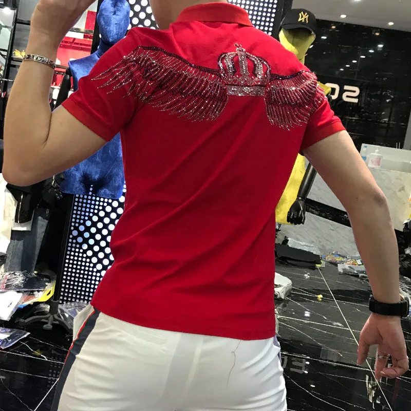 Spring Men's T-shirt New Polo Shirt Trendy Fashion Casual Lapel Rhinestone Crown Tees Breathable Personality Short Sleeve
