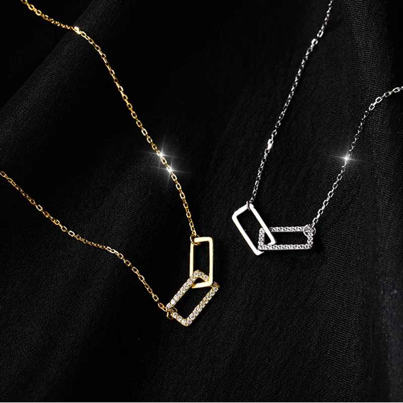 ?? 新925スターリングシルバー光沢のある長方形ダブルジルコンサークルczジルコニアネックレスペンダントギフトガールチョーカーNK064
