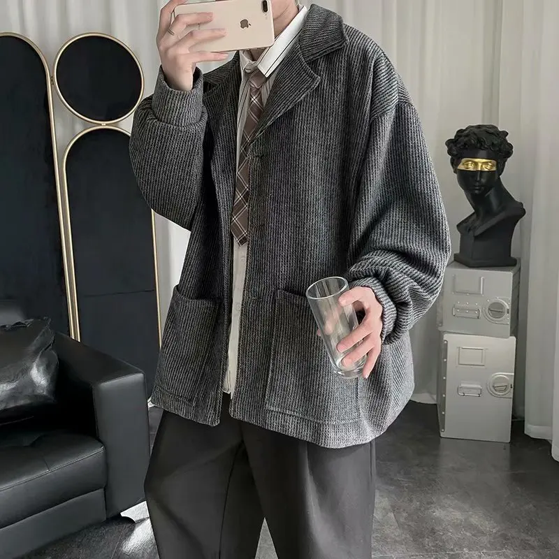 

Wool Men Single Breasted Long Sleeve Pockets Turn-down Collar Fall Winter Sanding Male Blends Chic Handsome Bf Coats Windbreaker