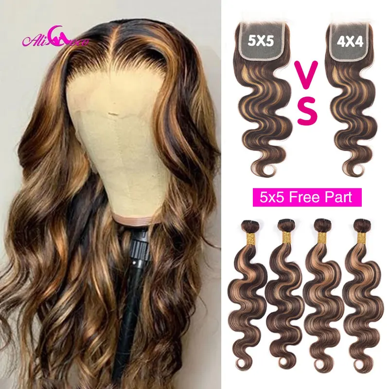 

Ali Coco Brazilian Highlight Colored Hair Bundles With 5x5 Closure Body Wave P4/30 Human Hair 4 Bundles With 5x5 Closure Remy