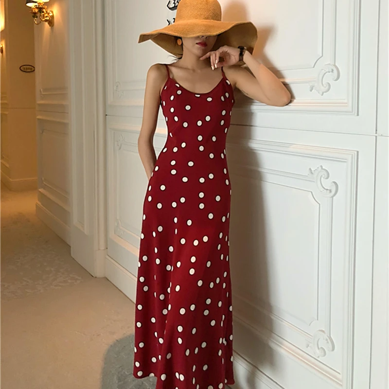 2021 весенне-летнее женское платье в горошек на бретельках атласное элегантное с
