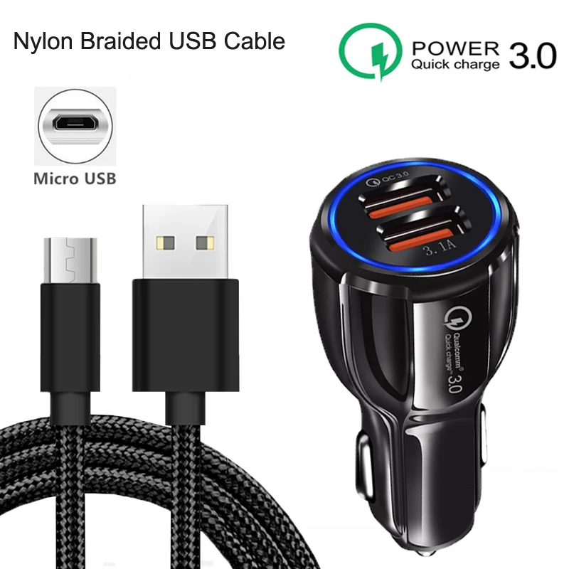 Плетеный Micro USB зарядный кабель QC 3 0 Автомобильное зарядное устройство