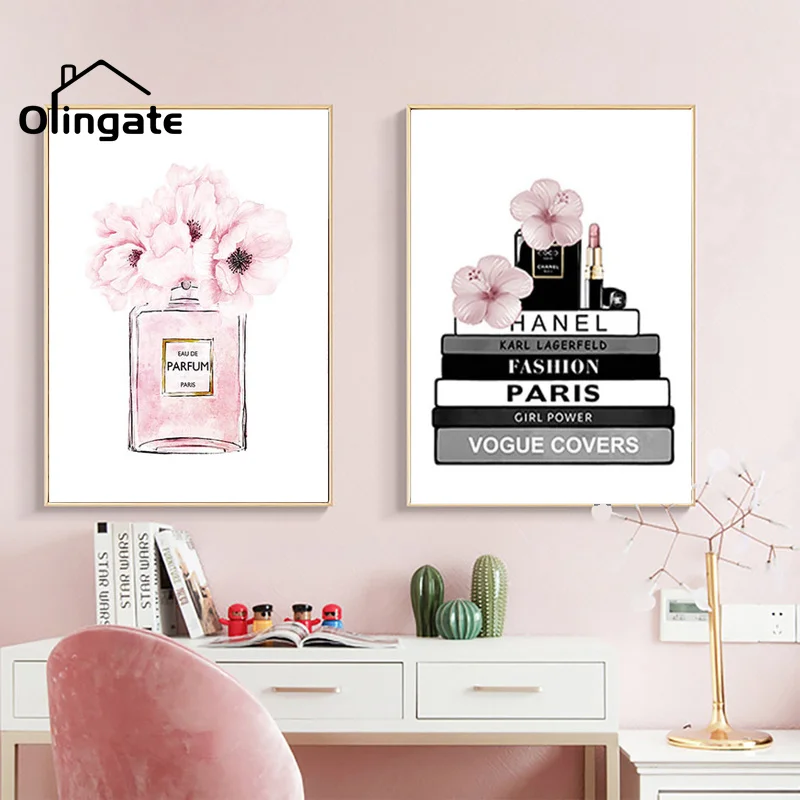 

Pink Floral Perfume Book Posters Wall Art Pictures Fashion Makeup Canvas Painting One Piece for Girl's Room Home Decoration