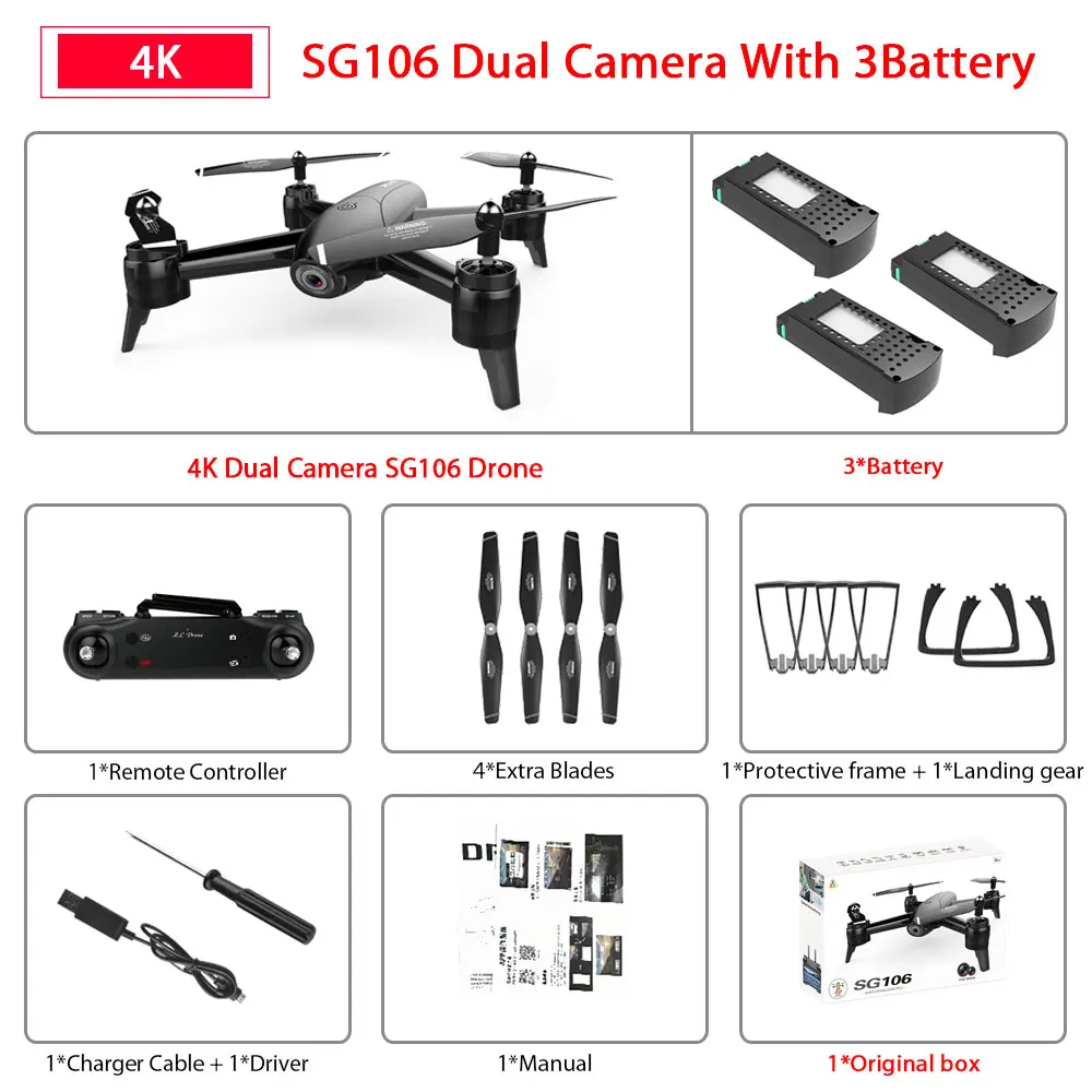 4K Black SG106 3B SG106 WiFi FPV Радиоуправляемый Дрон с 720P или 1080P или 4K HD двойной камерой оптический поток воздушный видео Радиоуправляемый квадрокоптер для игрушек Детский Радиоуправляемый Дрон - Цвет: 4K Black SG106 3B