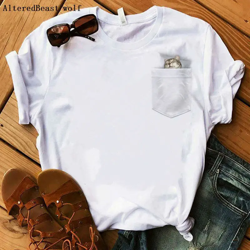 

Cat sleeping in my pocket print Women T-Shirts cartoon casual funny cat t shirt female casual harajuku white tops vogue clothes