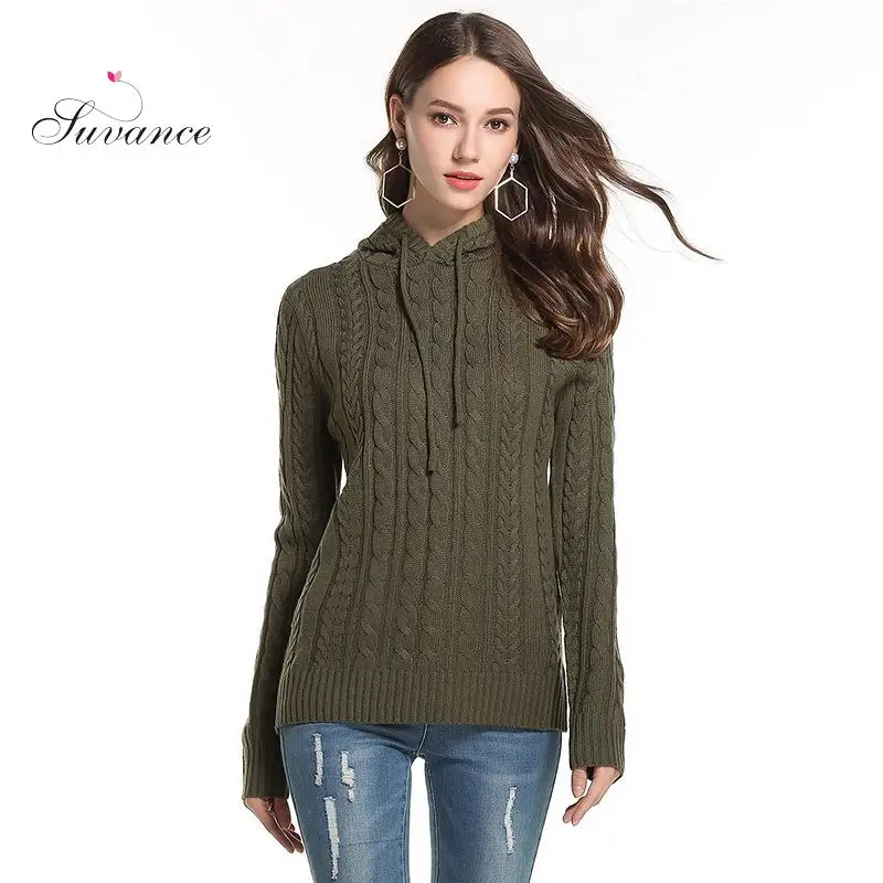 Женский трикотажный свитер с капюшоном длинным рукавом | Женская одежда