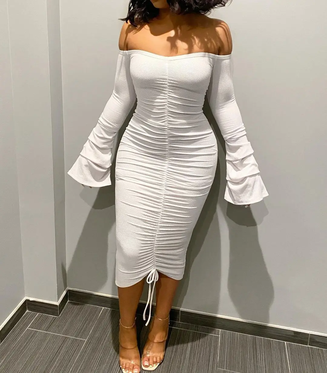 

New Arrivals Sexy Women Flare Sleeve Off Shoulder Bodycon Summer White Dress 2xl Size dresses for women 2021