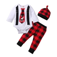 christmas 3 pcs new born baby suit toddler boy girl o neck long sleeve necktie romper red and black plaid trousers and hat