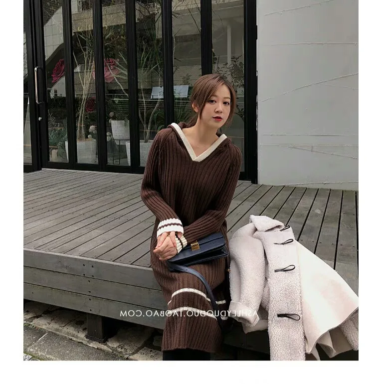 

Autumn Winter Solid Knitted Cotton Slim fit Sweater Dresses Women Ruffle Fashion Loose Pullover Female Long Slever Knitted Dress