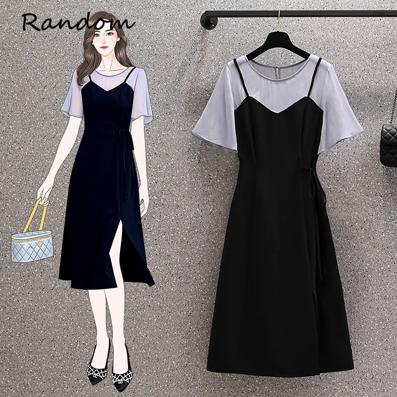 

Для женщин; большие размеры в винтажном стиле, в стиле 90-х французский с фальш-вставкой, элегантное платье из сетчатой ткани с круглым вырезо...