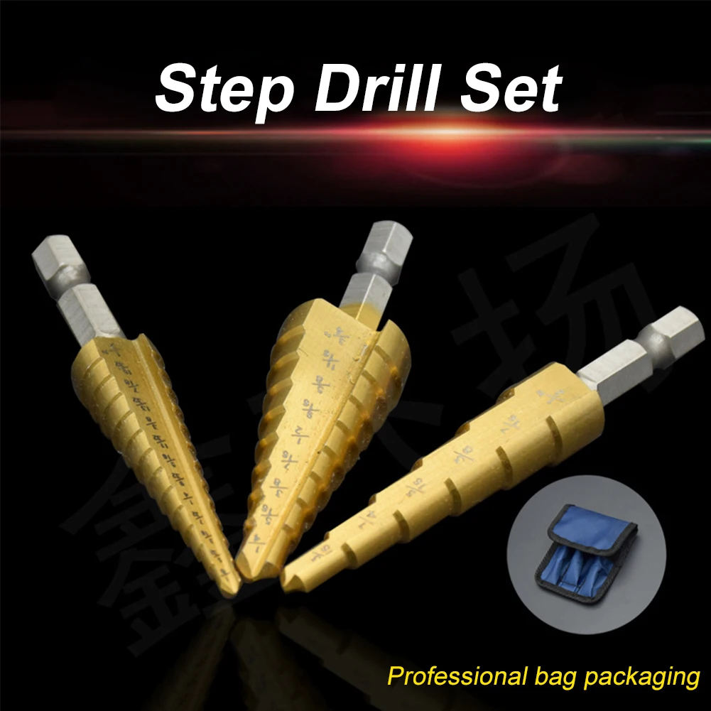

3Pcs/set 3-12mm 4-12mm 4-20mm HSS Straight Groove Step Drill Bit Titanium Coated Wood Metal Hole Cutter Core Drilling Tools Set