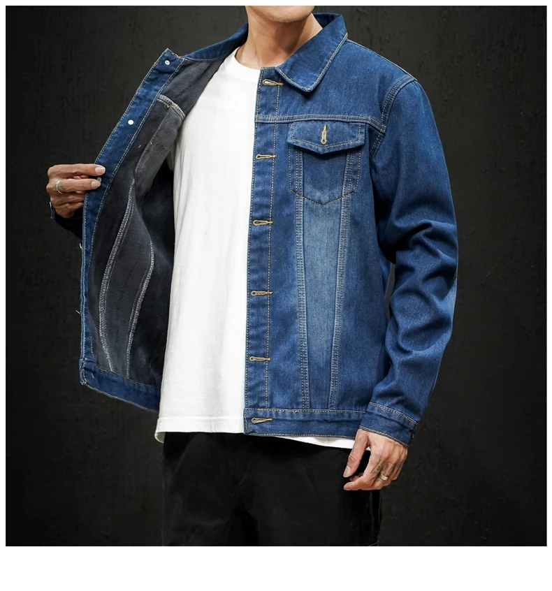 Plus Velvet Thick Denim Jacket Men's Slim Warm Fashion Casual Cotton Fur Collar Denim Jacket Man Streetwear Bomber Jacket Men - Цвет: NavyBlue