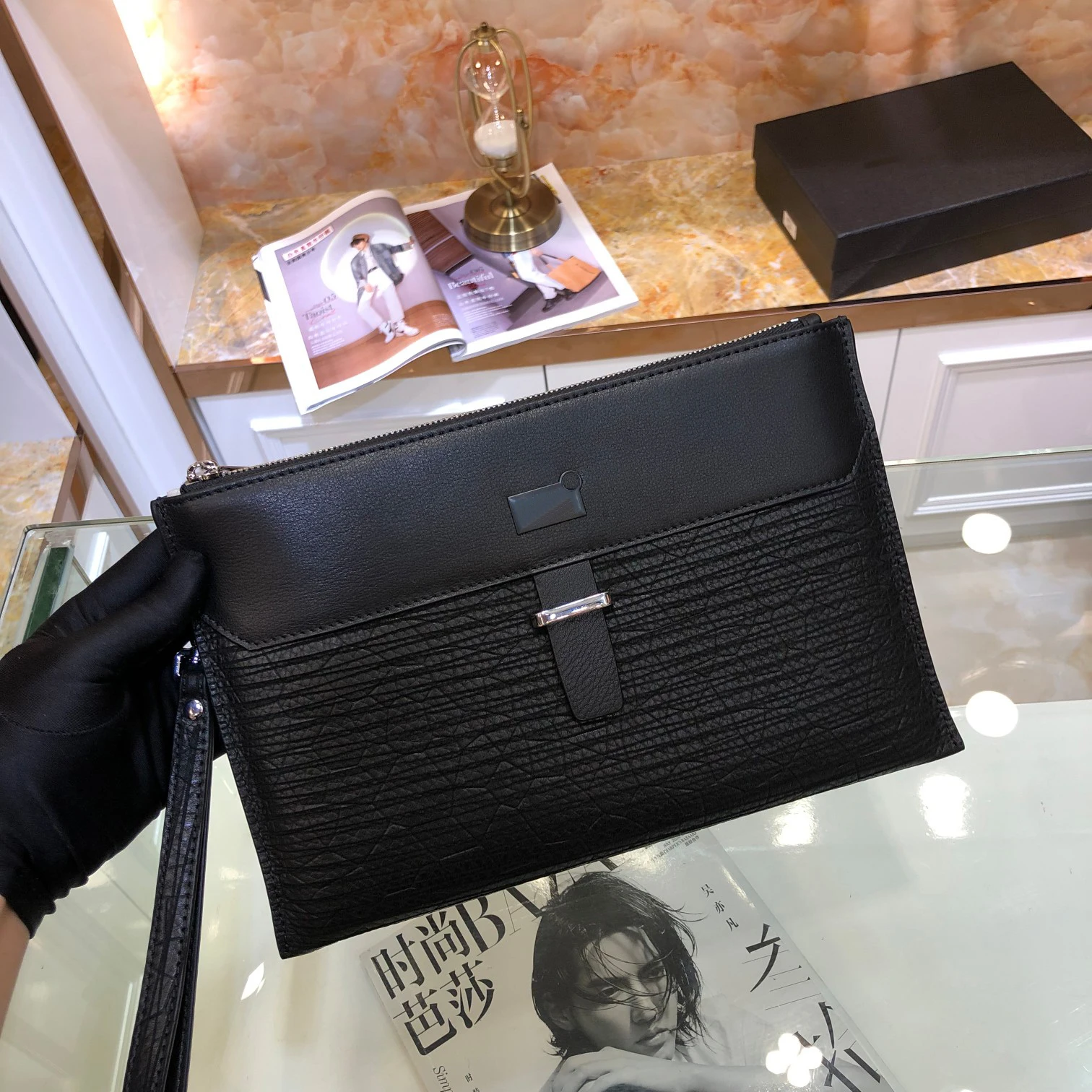 

100% cowhide luxury square zipper envelope bag handbag men's business hand wrist wallet daily use hand brand-name bag