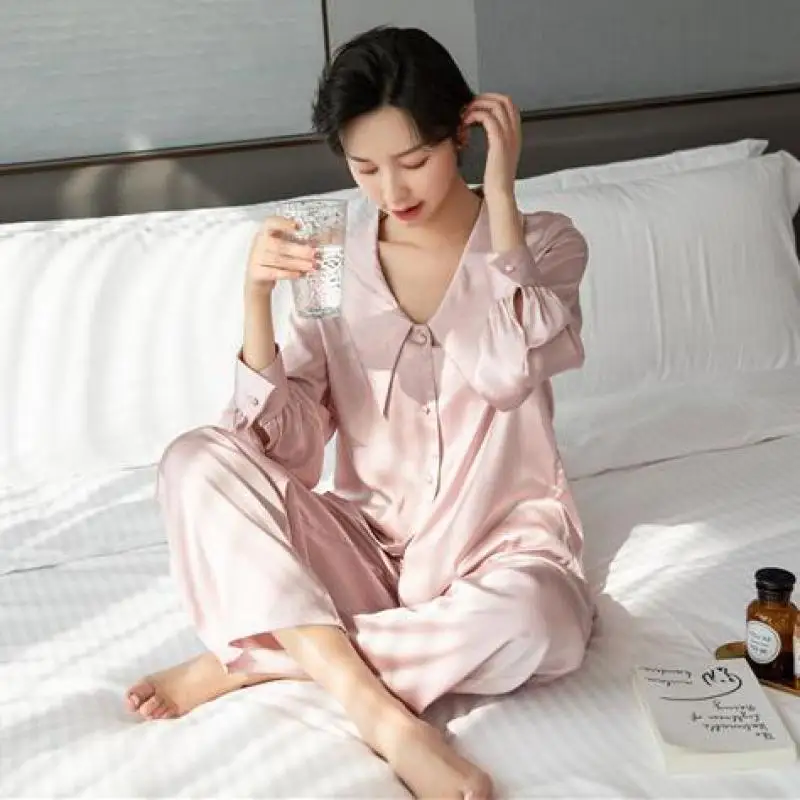 

Female Satin 2PCS Sleep Set Pyjamas Women Pajamas Suit Solid Pink Homewear Sexy Nightwear Intimate Lingerie Silky Home Clothing