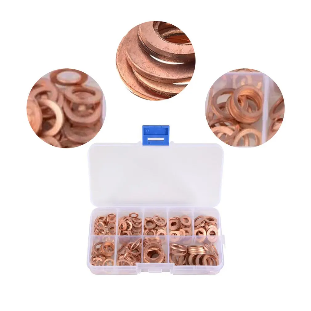 

200pcs M5-M14 Assorted Solid Copper Gasket Washer Seal Flat Ring High Performance Oil Blocking O-ring Combination