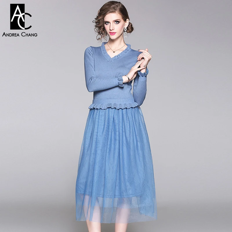 Женское длинное платье из тюля с V-образным вырезом и оборками | Женская одежда