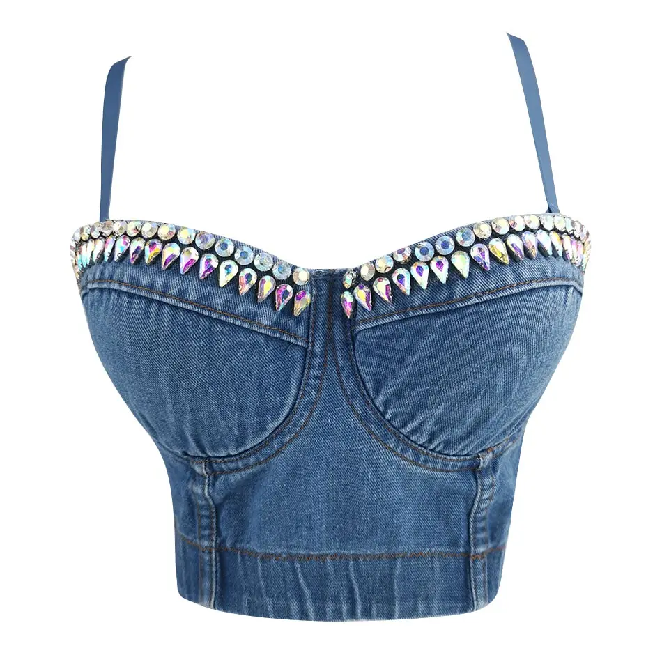 

CIEMIILI New Sexy Beading Jean Bra 2021 Autumn Women Spaghetti Strap Short Blue Adjustable Party Bodycon Crop Tops