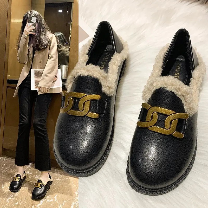 

Winter Women Short Plush Shoes Woman Boots Retro Leather Shoes Woman Loafers Two Wear Casual Shoes Casual Flats Shoes