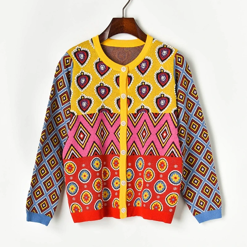 

2021 Vintage Contrast Geometric Heart Women's Cardigan Brand Designer Single Breasted Round Neck Beading Open Stitch Cardigan