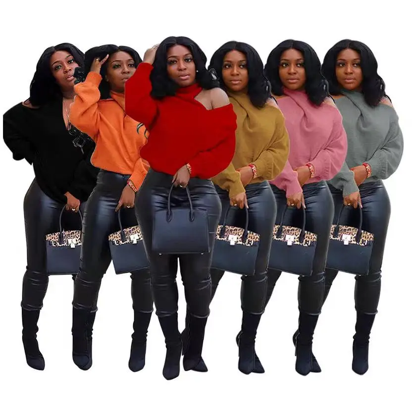 

Women Clothing Solid Color Sexy Knitted Causal Plus Size 3xl Women's Sweater Top Long Sleeve Ladies Off Shoulder Tops
