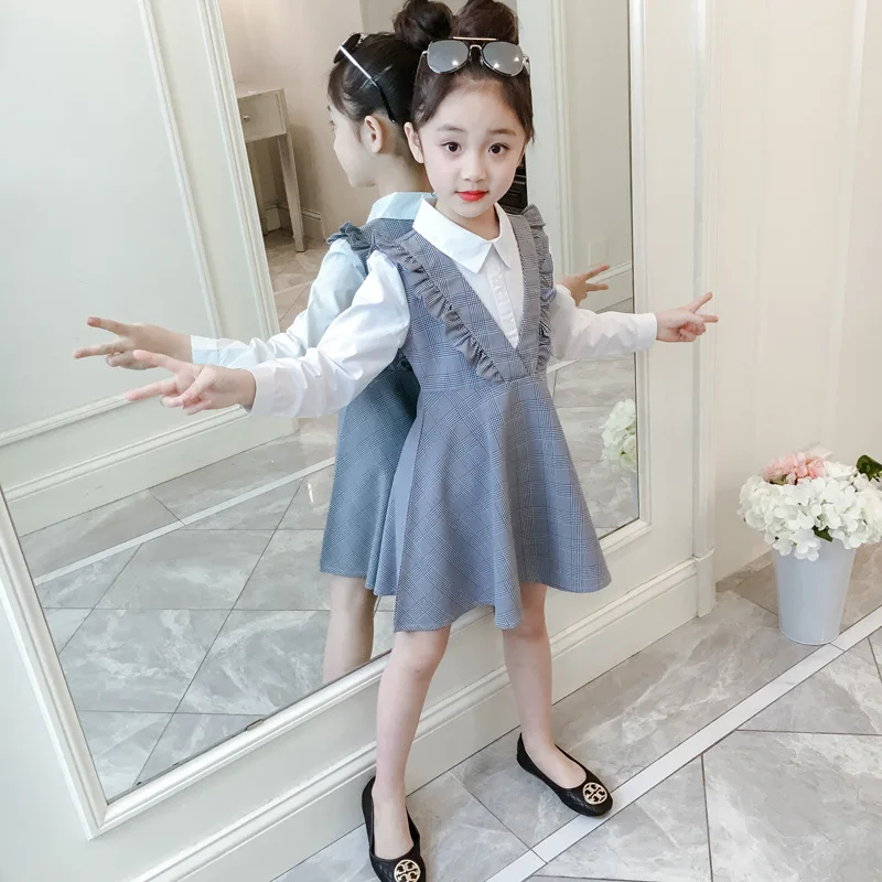 Kids Dress For Girls Plaid Patchwork Fake 2 Pcs Clothes Spring Autumn Long Sleeve Party | Детская одежда и обувь