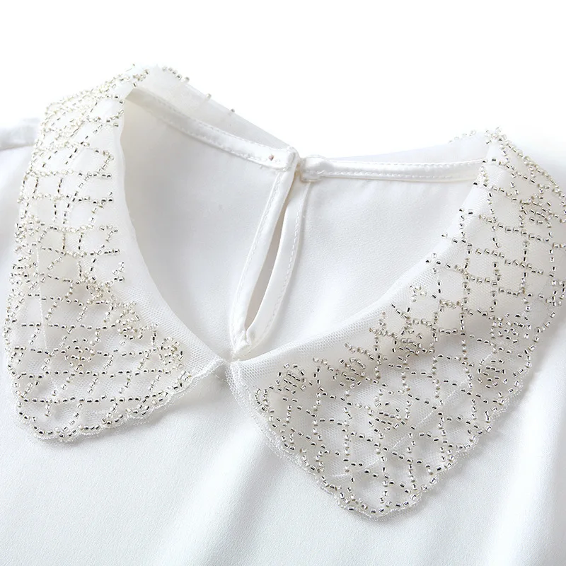 

Beaded T-shirt Women 2021 New Summer Solid Color Doll Collar Short-sleeved Western-style Acetic Acid Blouse Women Y2k Top