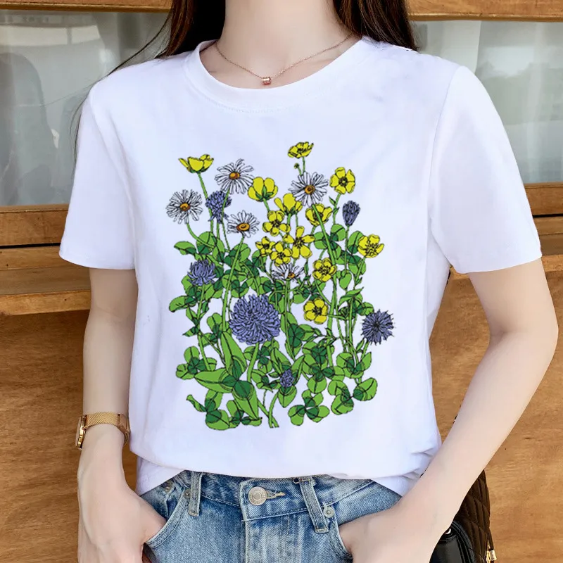

Feather Printing Fashion 90s Cute Watercolor White Top T Shirt Summer Aesthetics Graphic Short Sleeve Polyester T Shirts Female