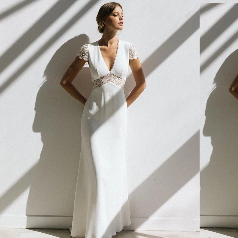 Винтажное свадебное платье в стиле бохо с коротким рукавом а-силуэт открытой