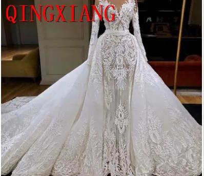 Свадебное платье с длинными рукавами со съемным шлейфом юбкой годе роскошное