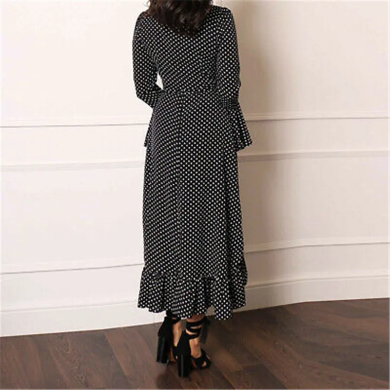 

Fashion Women Vintage Dress Fall Summer Long Sleeve V-neck Tunic Polka Dots Printed Dress Long Sleeve Dresses Plus Size Dresses