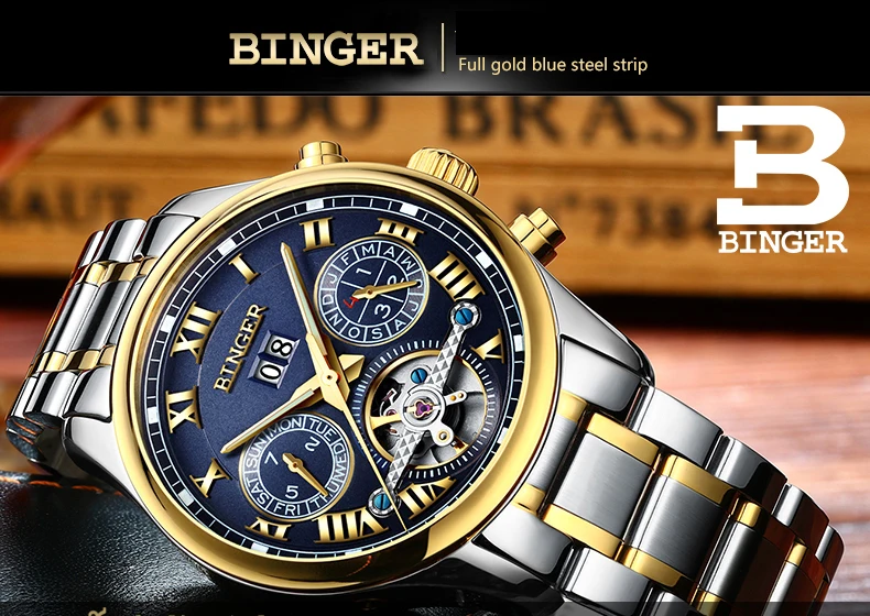 Швейцарские Бингер мужские часы люксовый бренд Tourbillon сапфир светящиеся несколько функций механические наручные часы B8602-7