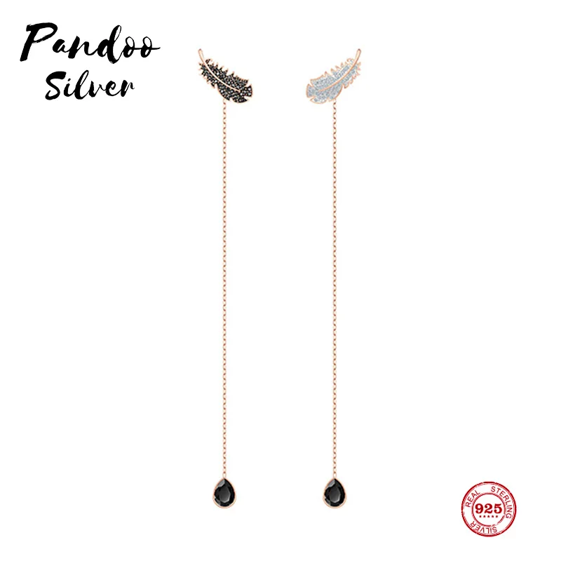 Женские серьги гвоздики с перьями PANDOO длинные из стерлингового серебра