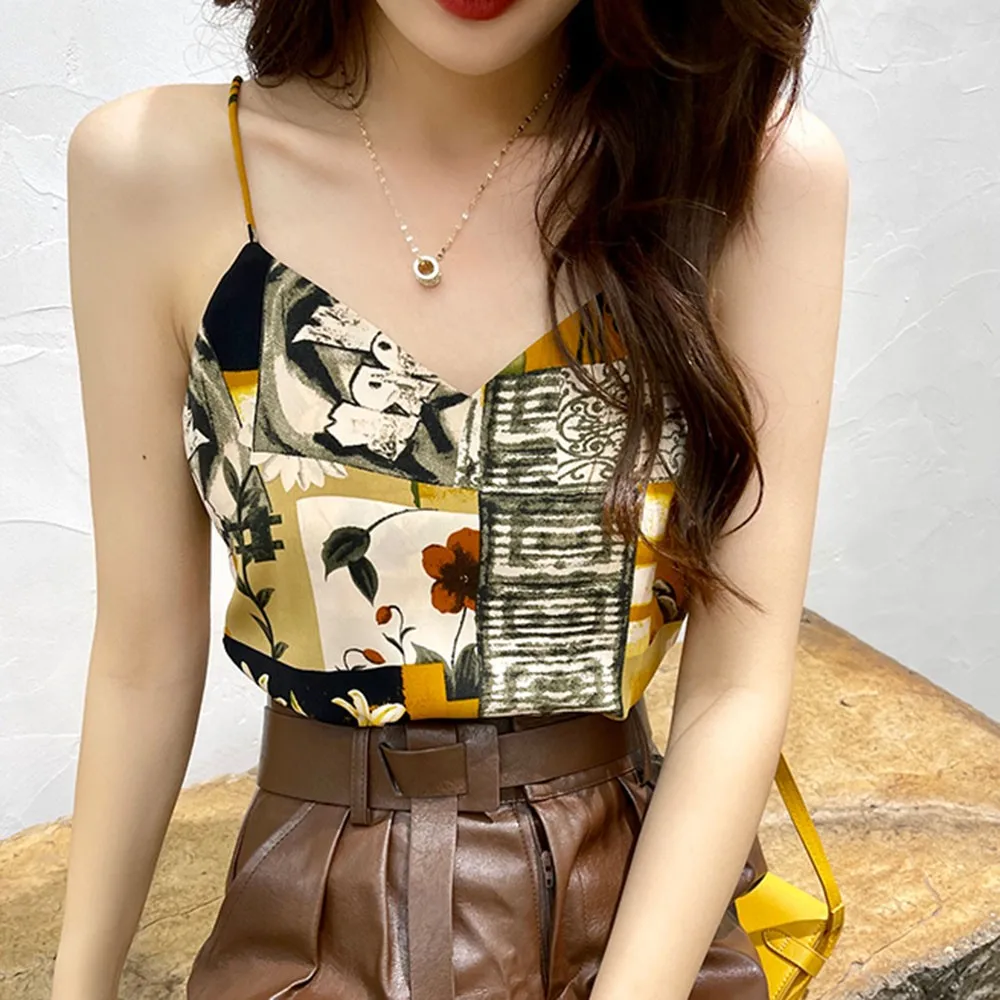 

2021 New Women Tank Tops Chiffon Shirt Suspender Printed Sleeveless Crop Top Vest Tank Camisole Fit Polyester Sleeveless Top