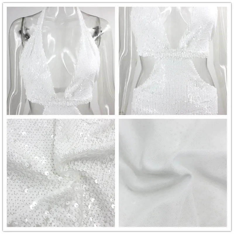 Женское мини платье без рукавов Fuedage Белое Облегающее с блестками вечерние