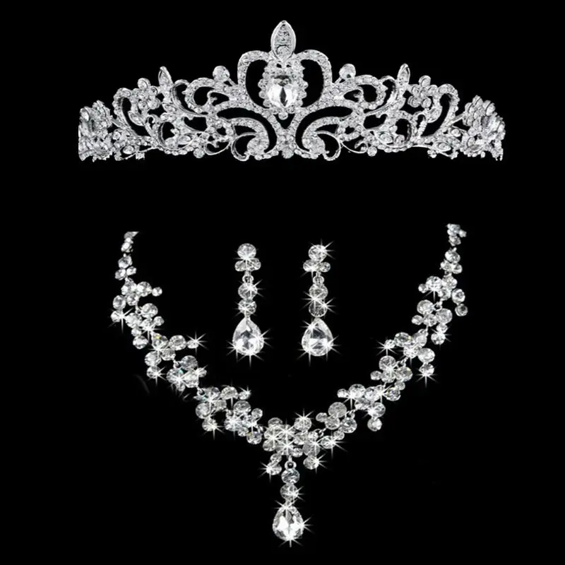 

87HC The Crystal ride Crown Hair Triple Wedding Garment Jewelry, Marriage Headwear Necklace Earrings for Women