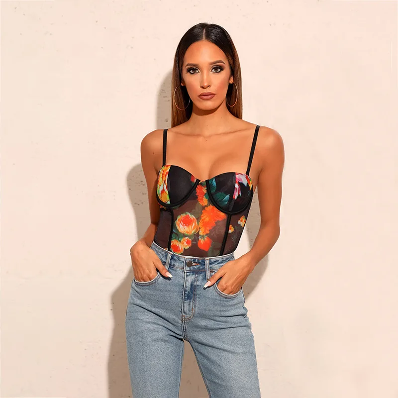 Cryptographic Floral Embroidery Sheer Mesh Black Bodysuits Sexy Party Club Women Tops See Through Teddies Female High-Cut Body