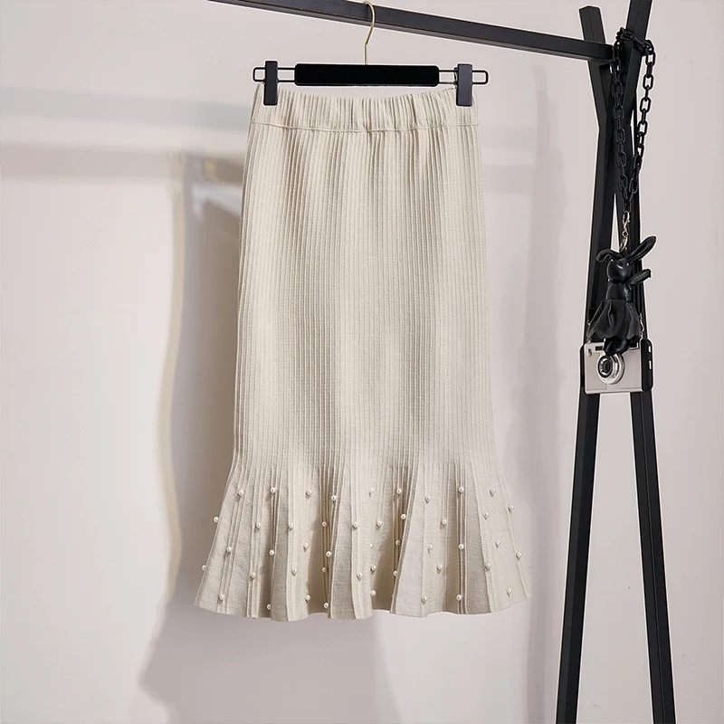 Женская юбка мода Вязание Русалочка жемчуг зима Юбка карандаш шерсть Большая