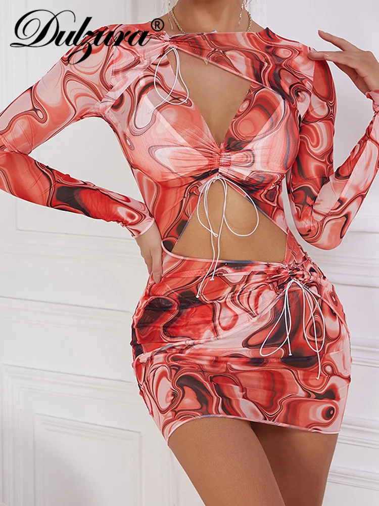 

Dulzura/женское мини-платье с принтом в виде галстука-красителя, с длинным рукавом, на шнуровке, ажурное, Сетчатое, с рюшами, облегающее, сексуал...