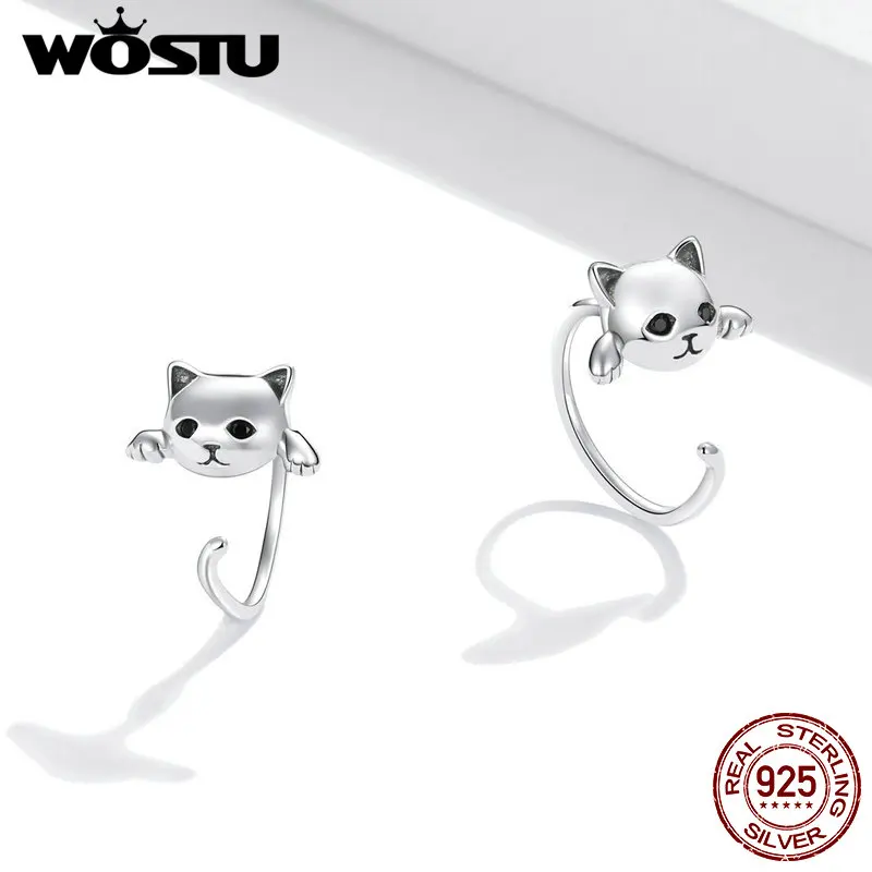 WOSTU 2020 Earrings 925 Sterling Silver Cute Cat Love Small Free-Pick Design Stud for Women Jewelry FIE965 | Украшения и