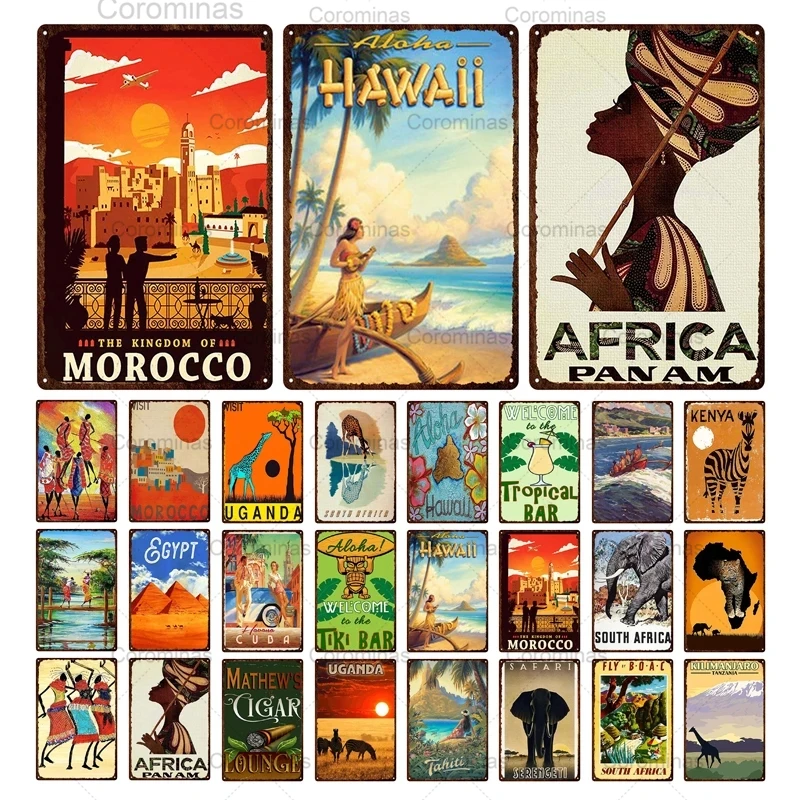 Morocco Hawaii Africa Sunset Scenery Metal Sign Vintage Travel Poster Hot Sale Wall Art Decoration Retro Iron Painting Tin Plate