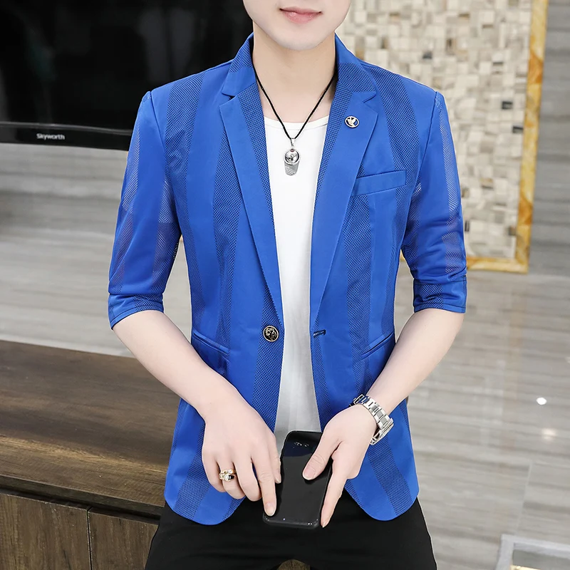 

2021 New Summer Fashion Casual Men's Pure Color Single Button Slim Hollow Out Seven Minute Sleeves Men Blazer