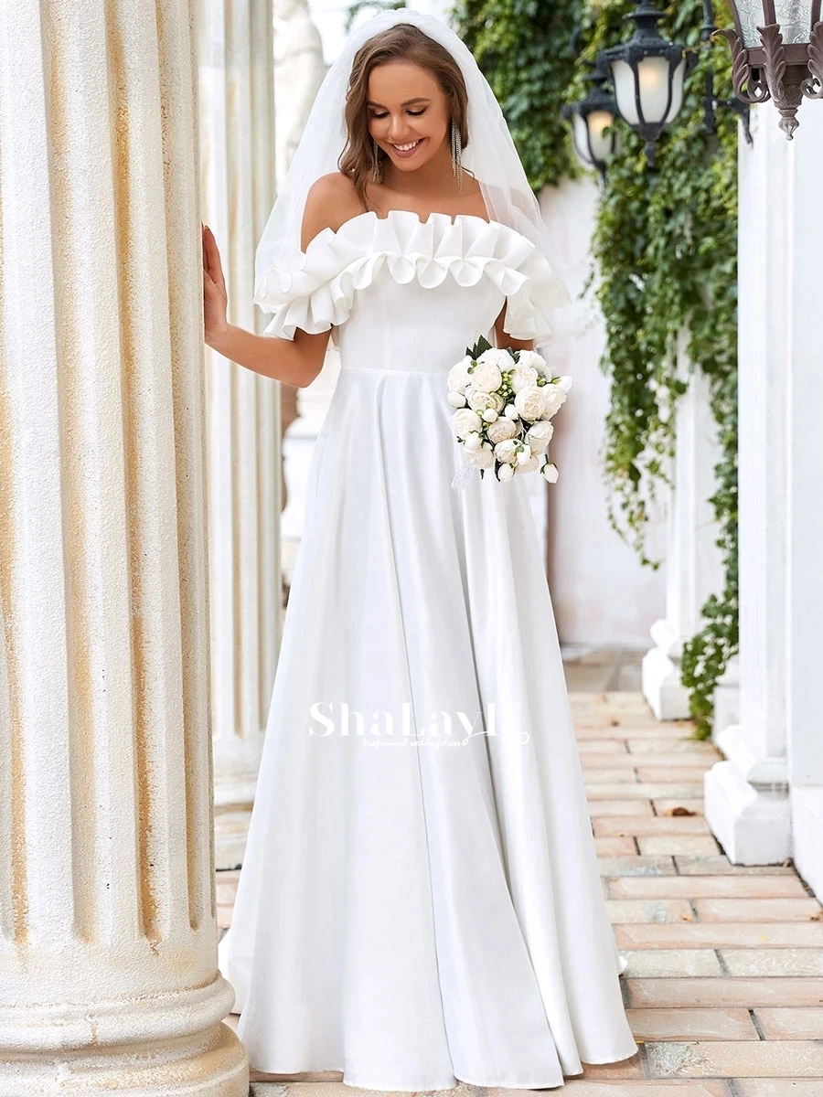 

Strapless Wedding Dress Soft Satin With A-line Floor Length Ruched Sleeveless Bride Gowns Back Backless Robes De Mariée