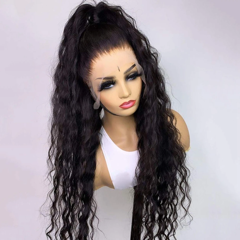 

Gossamelle Natural Black Loose Deep Wave Wig Synthetic Lace Front Wig Pre Plucked with Natural Hairline Middle Part Long Curly