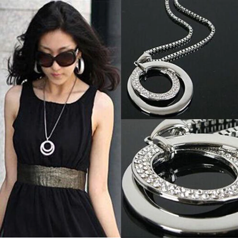 Женское длинное ожерелье со стразами серебряное с двойным кольцом подвеской|circle
